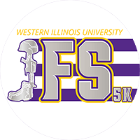 Logo with the text FS 5K and Western Illinois University on a purple and white striped background.