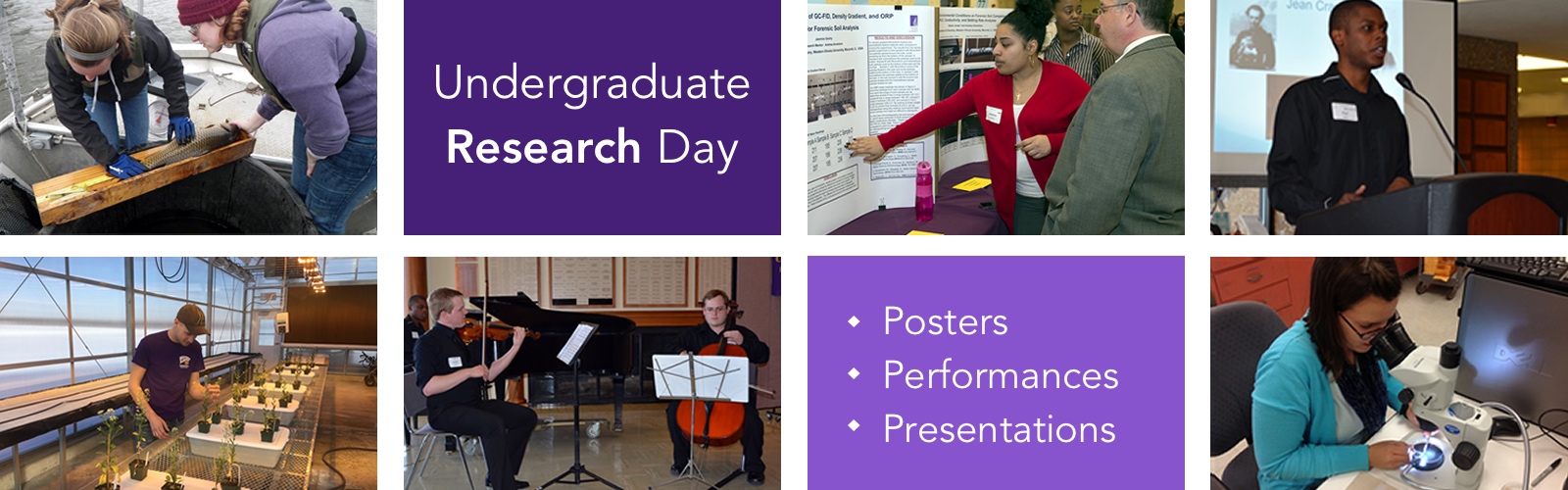 Pictures of students doing research and giving presentations