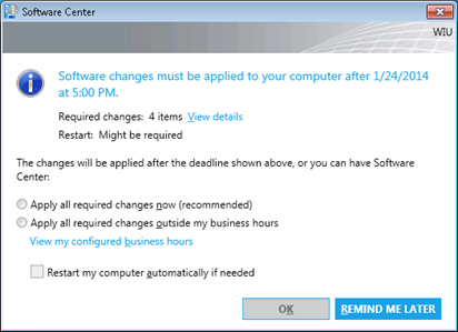 screenshot of a popup that says that software changes must be applied, with a time limit