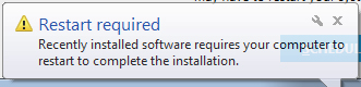 screenshot of popup that says a restart is required